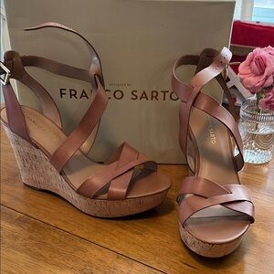 Franco Sarto Tan Wedge Sandals with Crisscross Straps